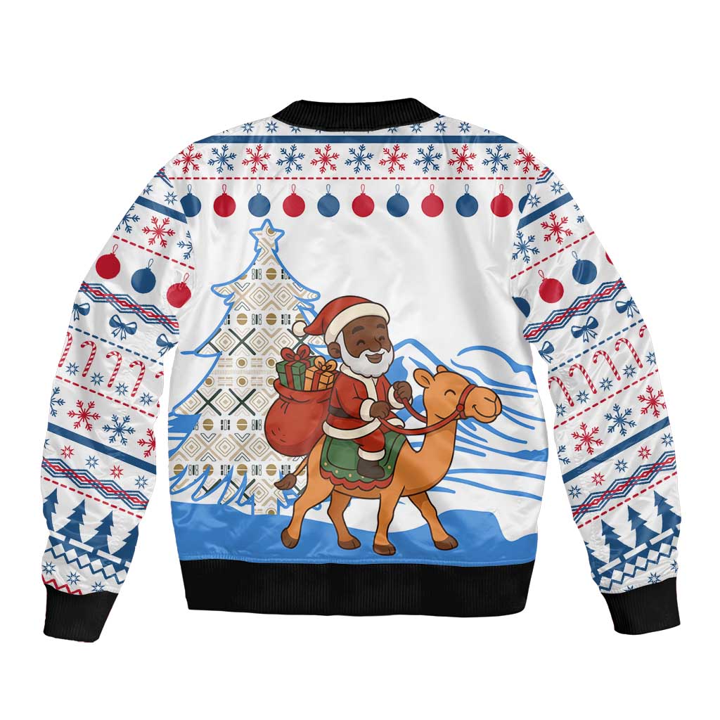 Somalia Christmas Sleeve Zip Bomber Jacket with Santa on Camel Christmas Tree Ornaments Candy Canes and Snowflake - Wonder Print Shop