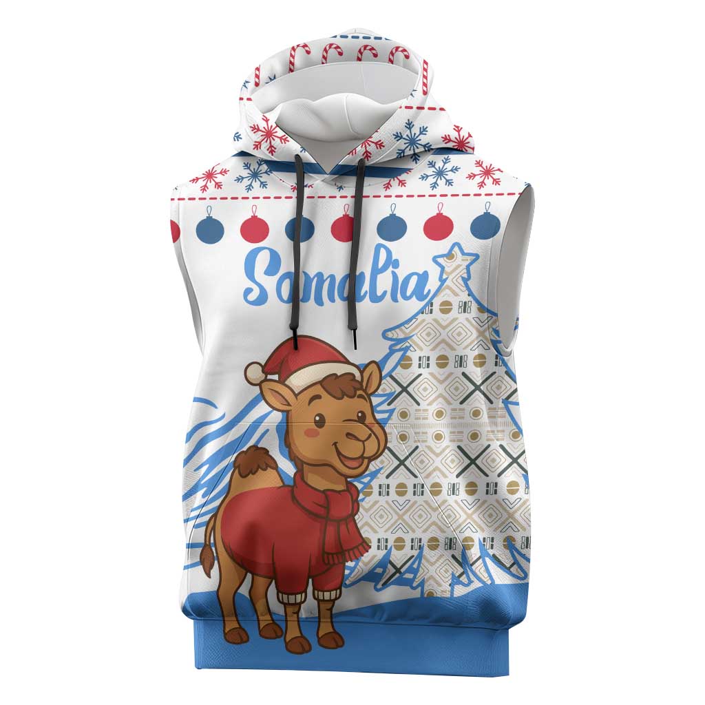 Somalia Christmas Sleeveless Hoodie with Santa on Camel Christmas Tree Ornaments Candy Canes and Snowflake - Wonder Print Shop