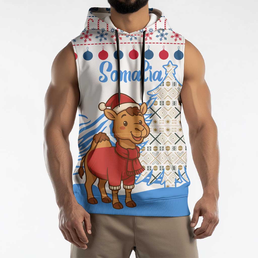 Somalia Christmas Sleeveless Hoodie with Santa on Camel Christmas Tree Ornaments Candy Canes and Snowflake - Wonder Print Shop