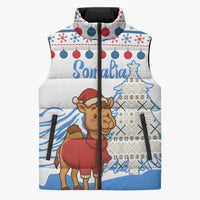 Somalia Christmas Sleeveless Puffer Jacket with Santa on Camel Christmas Tree Ornaments Candy Canes and Snowflake - Wonder Print Shop