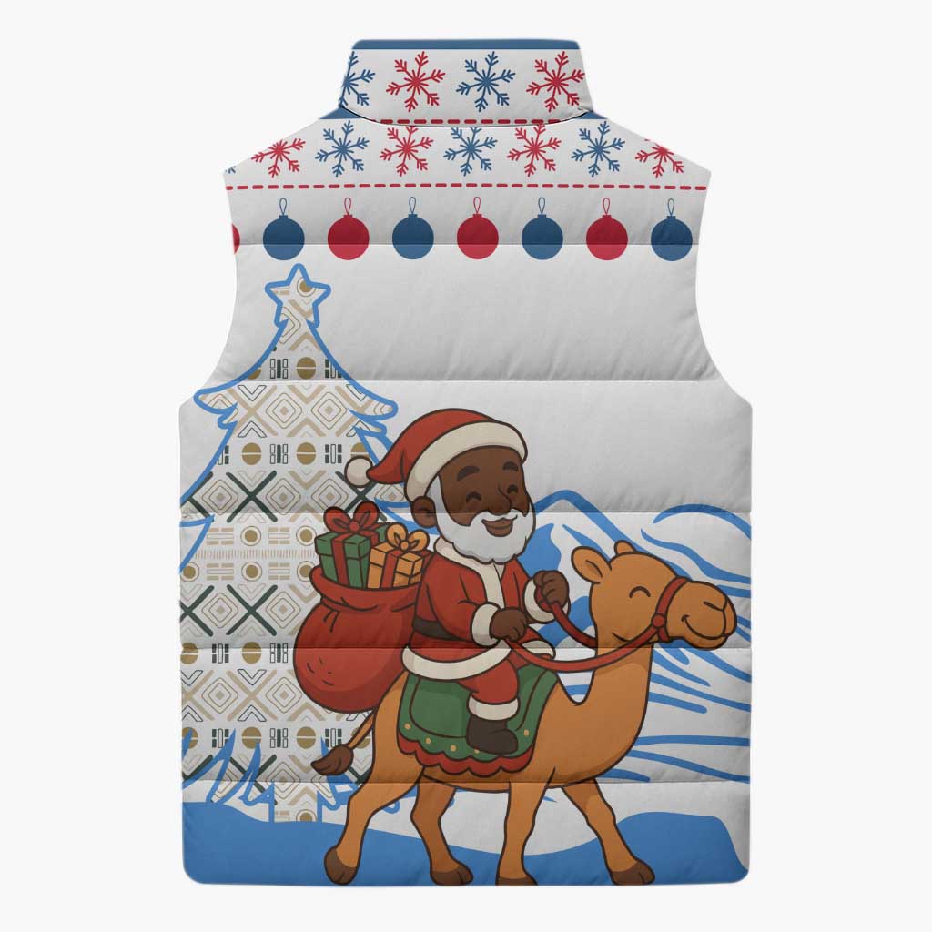 Somalia Christmas Sleeveless Puffer Jacket with Santa on Camel Christmas Tree Ornaments Candy Canes and Snowflake - Wonder Print Shop
