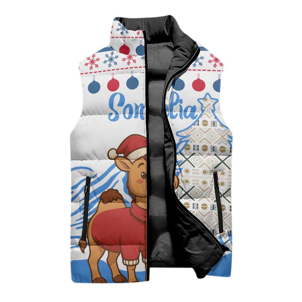 Somalia Christmas Sleeveless Puffer Jacket with Santa on Camel Christmas Tree Ornaments Candy Canes and Snowflake - Wonder Print Shop