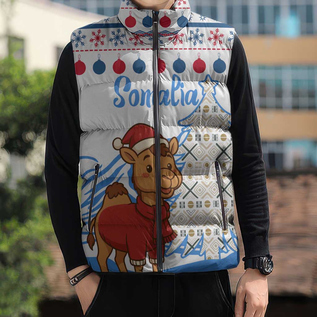 Somalia Christmas Sleeveless Puffer Jacket with Santa on Camel Christmas Tree Ornaments Candy Canes and Snowflake - Wonder Print Shop