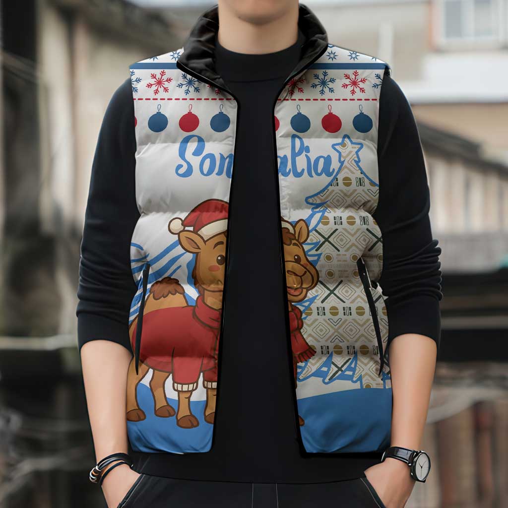 Somalia Christmas Sleeveless Puffer Jacket with Santa on Camel Christmas Tree Ornaments Candy Canes and Snowflake - Wonder Print Shop