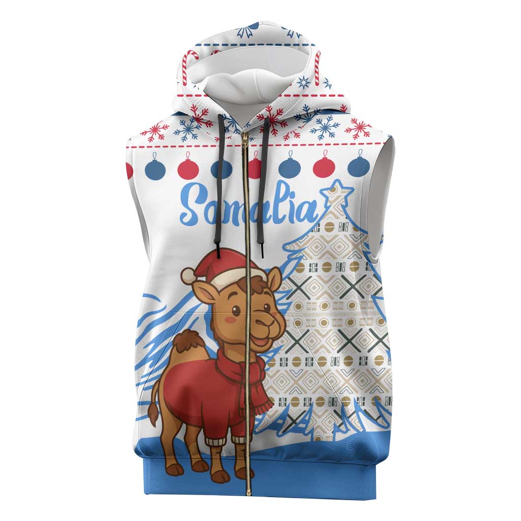 Somalia Christmas Sleeveless Zip Hoodie with Santa on Camel Christmas Tree Ornaments Candy Canes and Snowflake - Wonder Print Shop