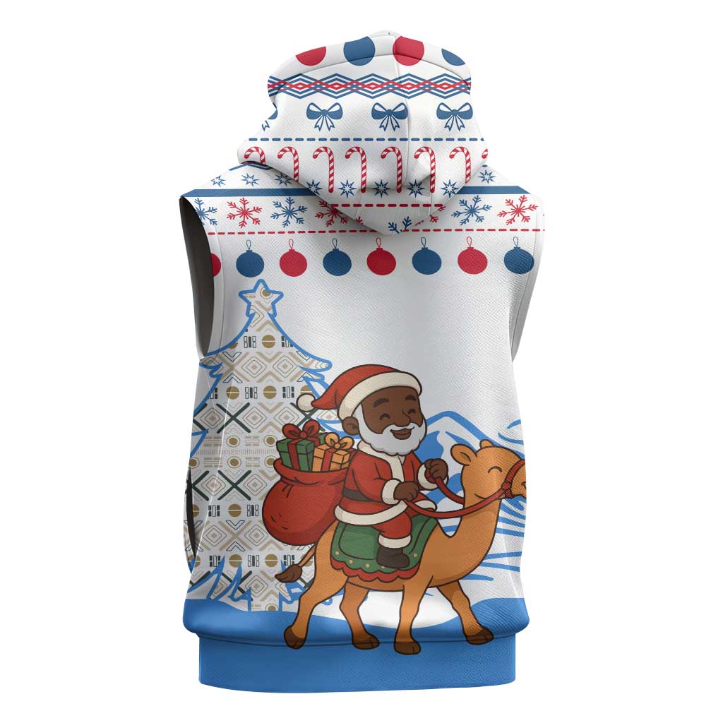 Somalia Christmas Sleeveless Zip Hoodie with Santa on Camel Christmas Tree Ornaments Candy Canes and Snowflake - Wonder Print Shop