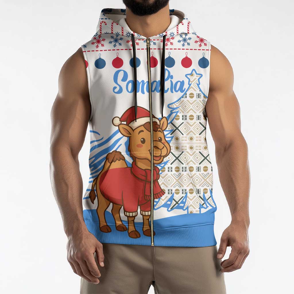 Somalia Christmas Sleeveless Zip Hoodie with Santa on Camel Christmas Tree Ornaments Candy Canes and Snowflake - Wonder Print Shop