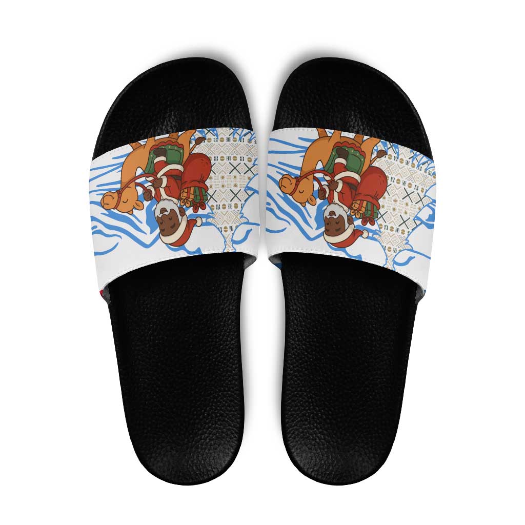 Somalia Christmas Slide Sandals with Santa on Camel Christmas Tree Ornaments Candy Canes and Snowflake - Wonder Print Shop