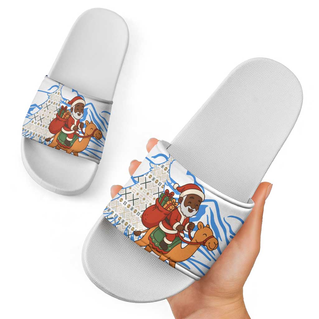 Somalia Christmas Slide Sandals with Santa on Camel Christmas Tree Ornaments Candy Canes and Snowflake - Wonder Print Shop