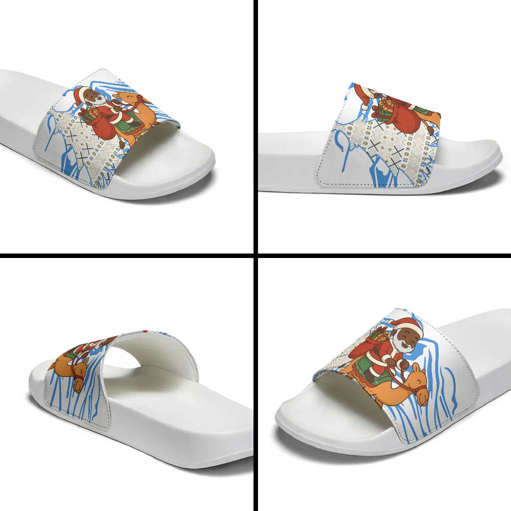 Somalia Christmas Slide Sandals with Santa on Camel Christmas Tree Ornaments Candy Canes and Snowflake - Wonder Print Shop