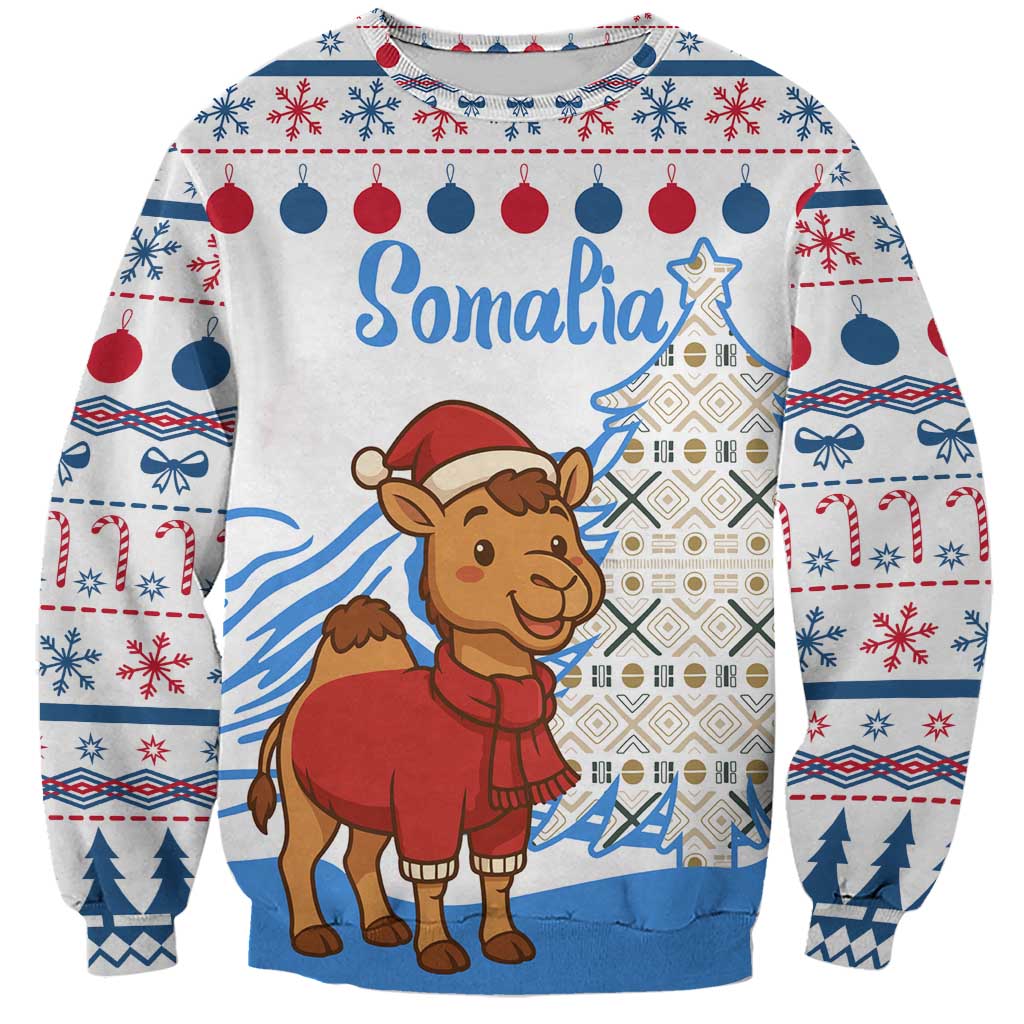 Somalia Christmas Sweatshirt with Santa on Camel Christmas Tree Ornaments Candy Canes and Snowflake - Wonder Print Shop