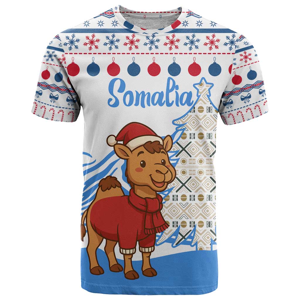 Somalia Christmas T Shirt with Santa on Camel Christmas Tree Ornaments Candy Canes and Snowflake - Wonder Print Shop
