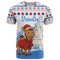 Somalia Christmas T Shirt with Santa on Camel Christmas Tree Ornaments Candy Canes and Snowflake - Wonder Print Shop