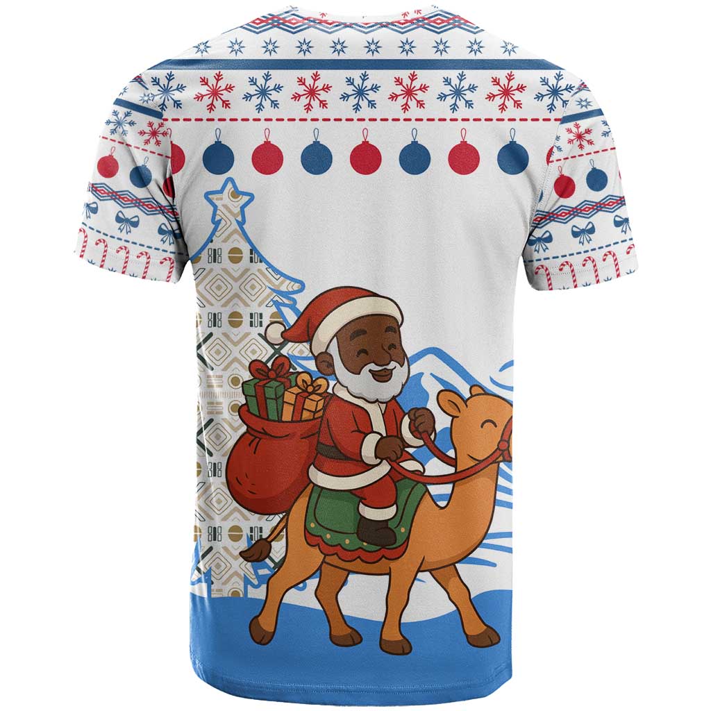 Somalia Christmas T Shirt with Santa on Camel Christmas Tree Ornaments Candy Canes and Snowflake - Wonder Print Shop