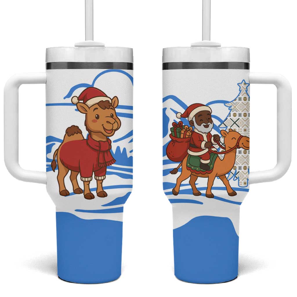 Somalia Christmas Tumbler With Handle with Santa on Camel Christmas Tree Ornaments Candy Canes and Snowflake - Wonder Print Shop