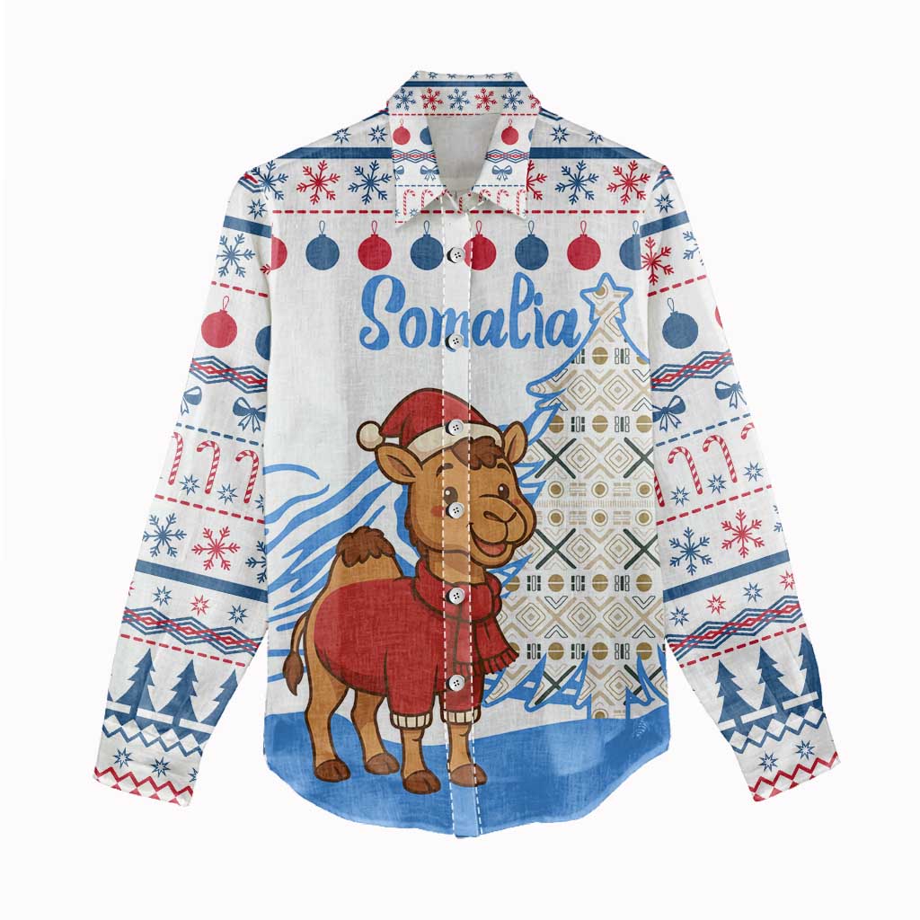 Somalia Christmas Women Casual Shirt with Santa on Camel Christmas Tree Ornaments Candy Canes and Snowflake - Wonder Print Shop