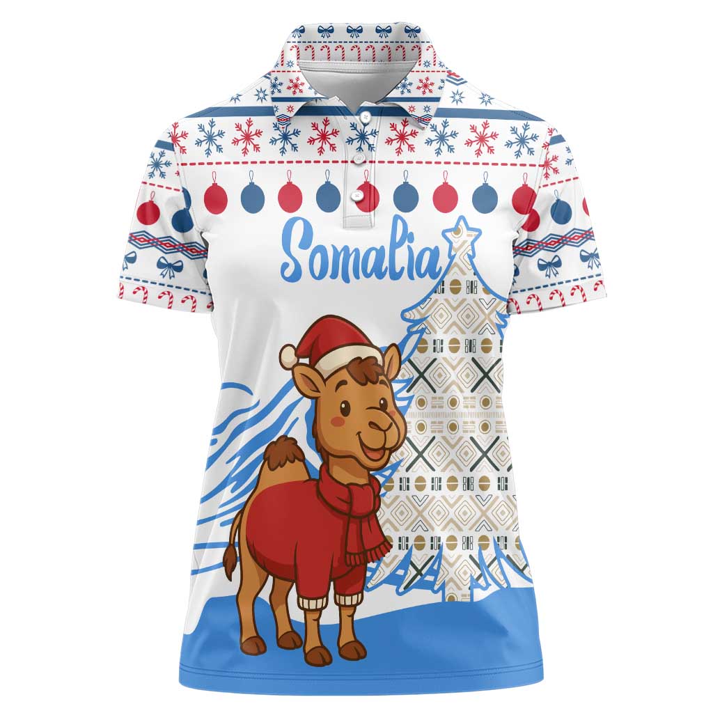 Somalia Christmas Women Polo Shirt with Santa on Camel Christmas Tree Ornaments Candy Canes and Snowflake - Wonder Print Shop
