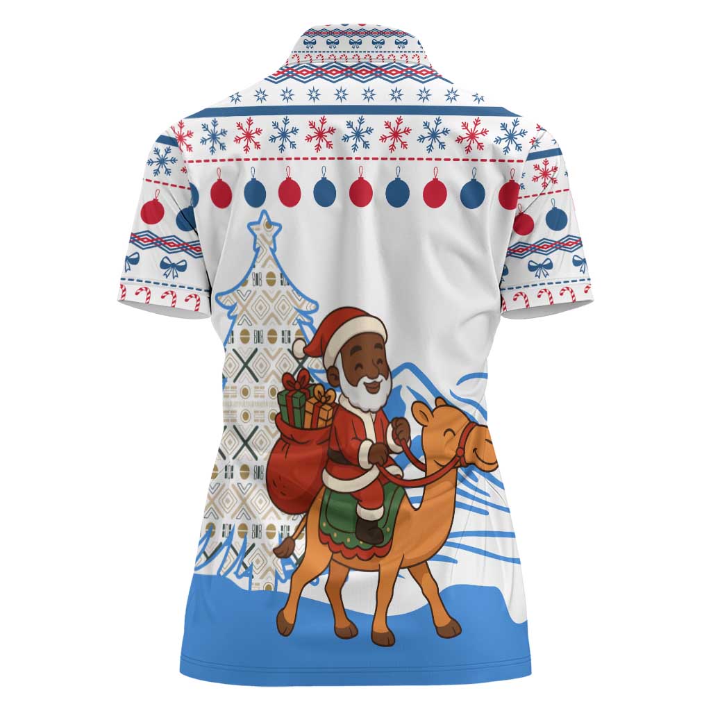 Somalia Christmas Women Polo Shirt with Santa on Camel Christmas Tree Ornaments Candy Canes and Snowflake - Wonder Print Shop
