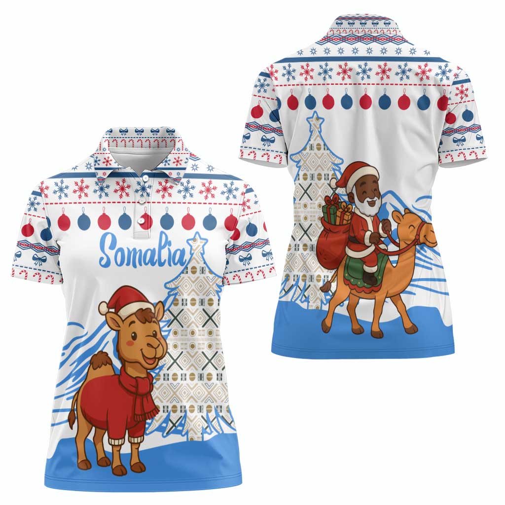 Somalia Christmas Women Polo Shirt with Santa on Camel Christmas Tree Ornaments Candy Canes and Snowflake - Wonder Print Shop