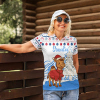 Somalia Christmas Women Polo Shirt with Santa on Camel Christmas Tree Ornaments Candy Canes and Snowflake - Wonder Print Shop