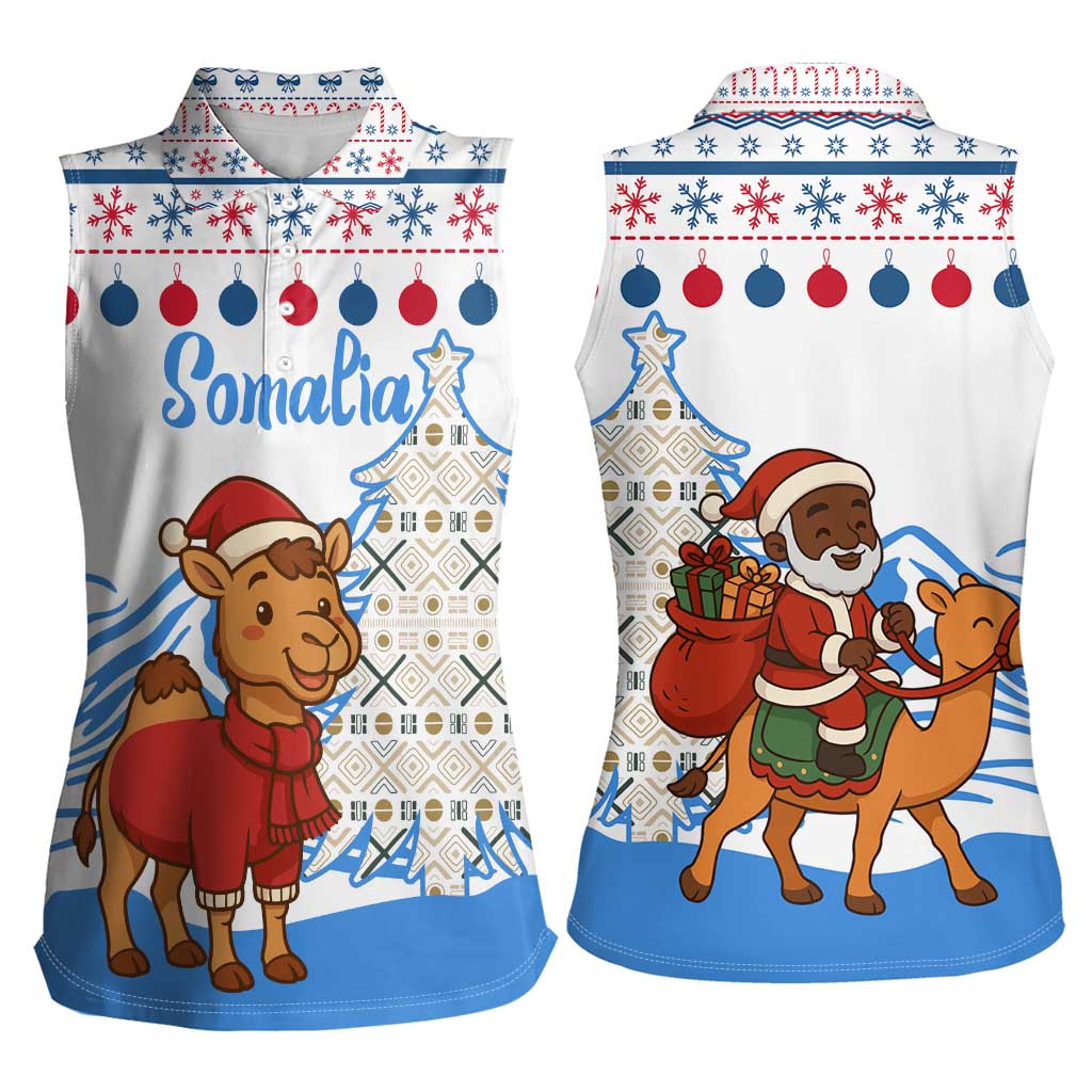 Somalia Christmas Women Sleeveless Polo Shirt with Santa on Camel Christmas Tree Ornaments Candy Canes and Snowflake - Wonder Print Shop