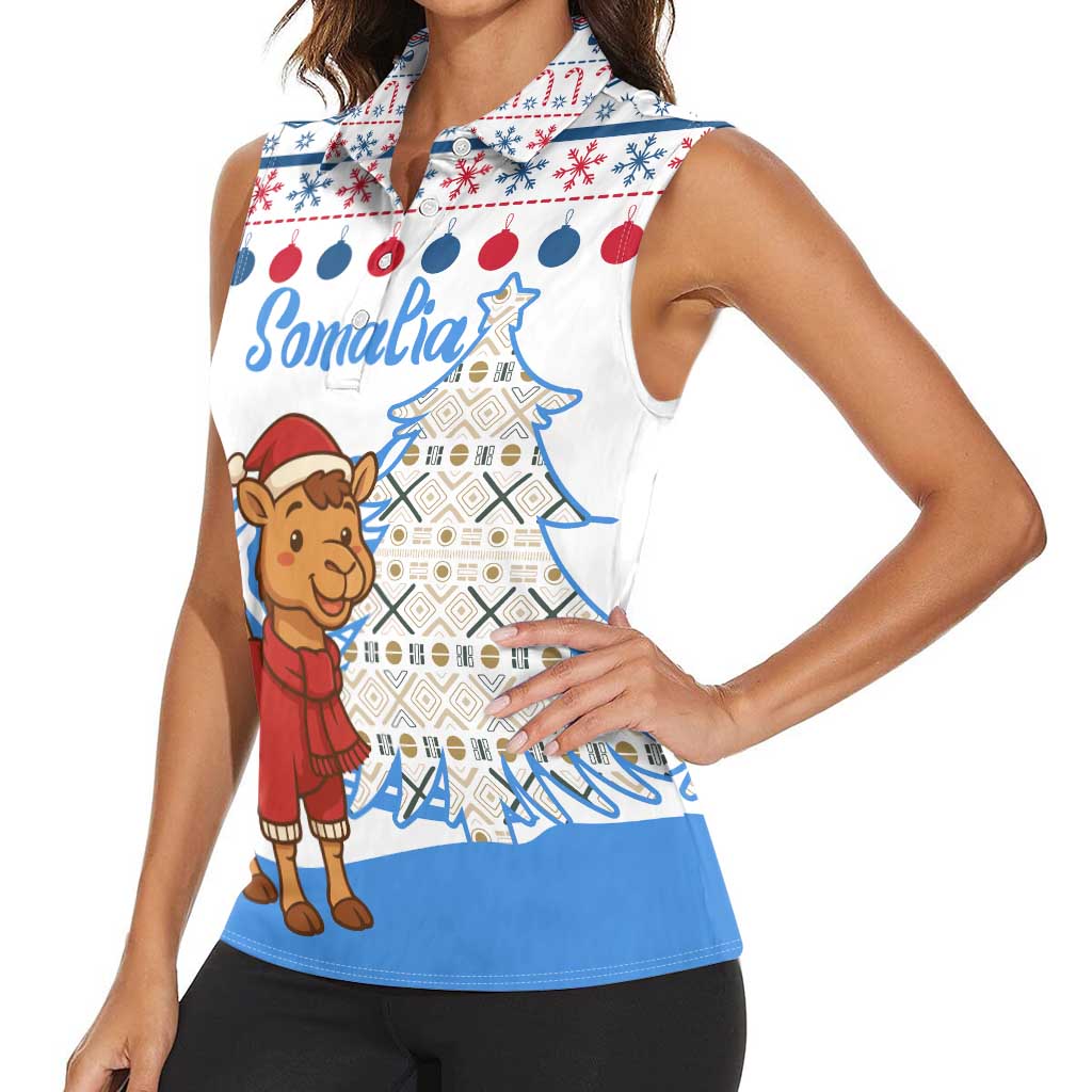 Somalia Christmas Women Sleeveless Polo Shirt with Santa on Camel Christmas Tree Ornaments Candy Canes and Snowflake - Wonder Print Shop