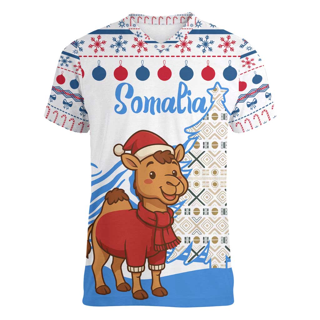 Somalia Christmas Women V-Neck T-Shirt with Santa on Camel Christmas Tree Ornaments Candy Canes and Snowflake - Wonder Print Shop