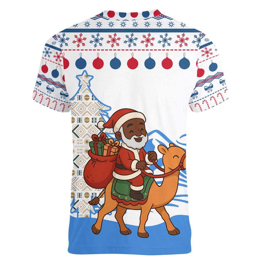 Somalia Christmas Women V-Neck T-Shirt with Santa on Camel Christmas Tree Ornaments Candy Canes and Snowflake - Wonder Print Shop