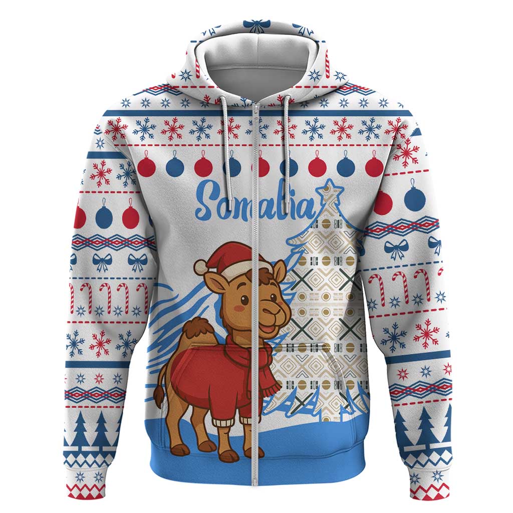 Somalia Christmas Zip Hoodie with Santa on Camel Christmas Tree Ornaments Candy Canes and Snowflake - Wonder Print Shop