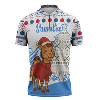 Somalia Christmas Zipper Polo Shirt with Santa on Camel Christmas Tree Ornaments Candy Canes and Snowflake - Wonder Print Shop