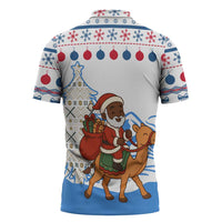 Somalia Christmas Zipper Polo Shirt with Santa on Camel Christmas Tree Ornaments Candy Canes and Snowflake - Wonder Print Shop