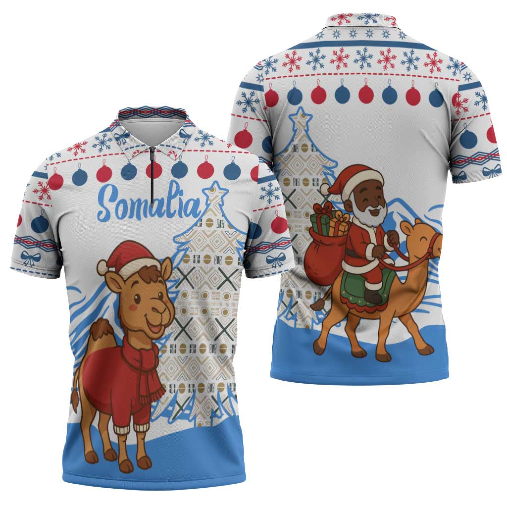 Somalia Christmas Zipper Polo Shirt with Santa on Camel Christmas Tree Ornaments Candy Canes and Snowflake - Wonder Print Shop