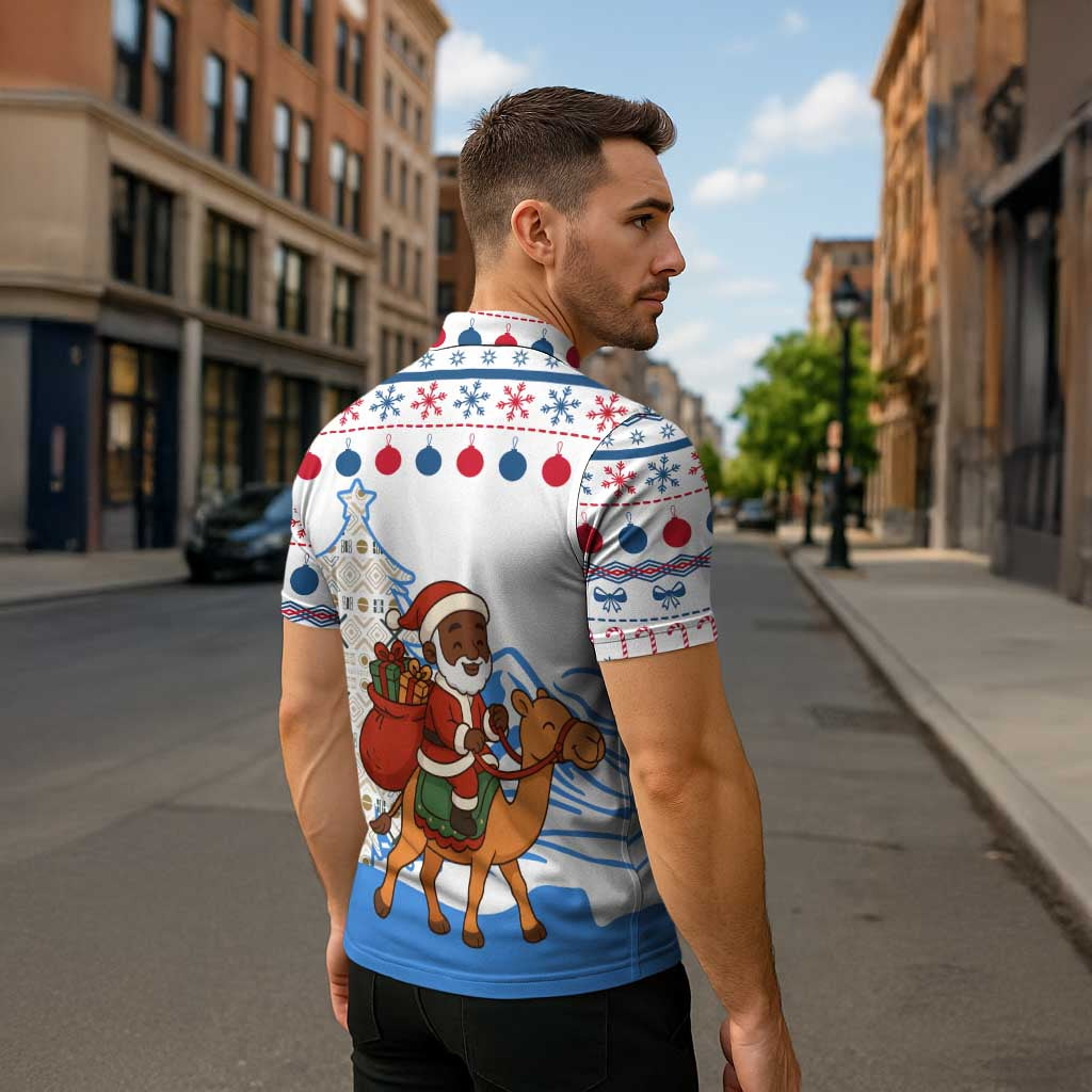 Somalia Christmas Zipper Polo Shirt with Santa on Camel Christmas Tree Ornaments Candy Canes and Snowflake - Wonder Print Shop