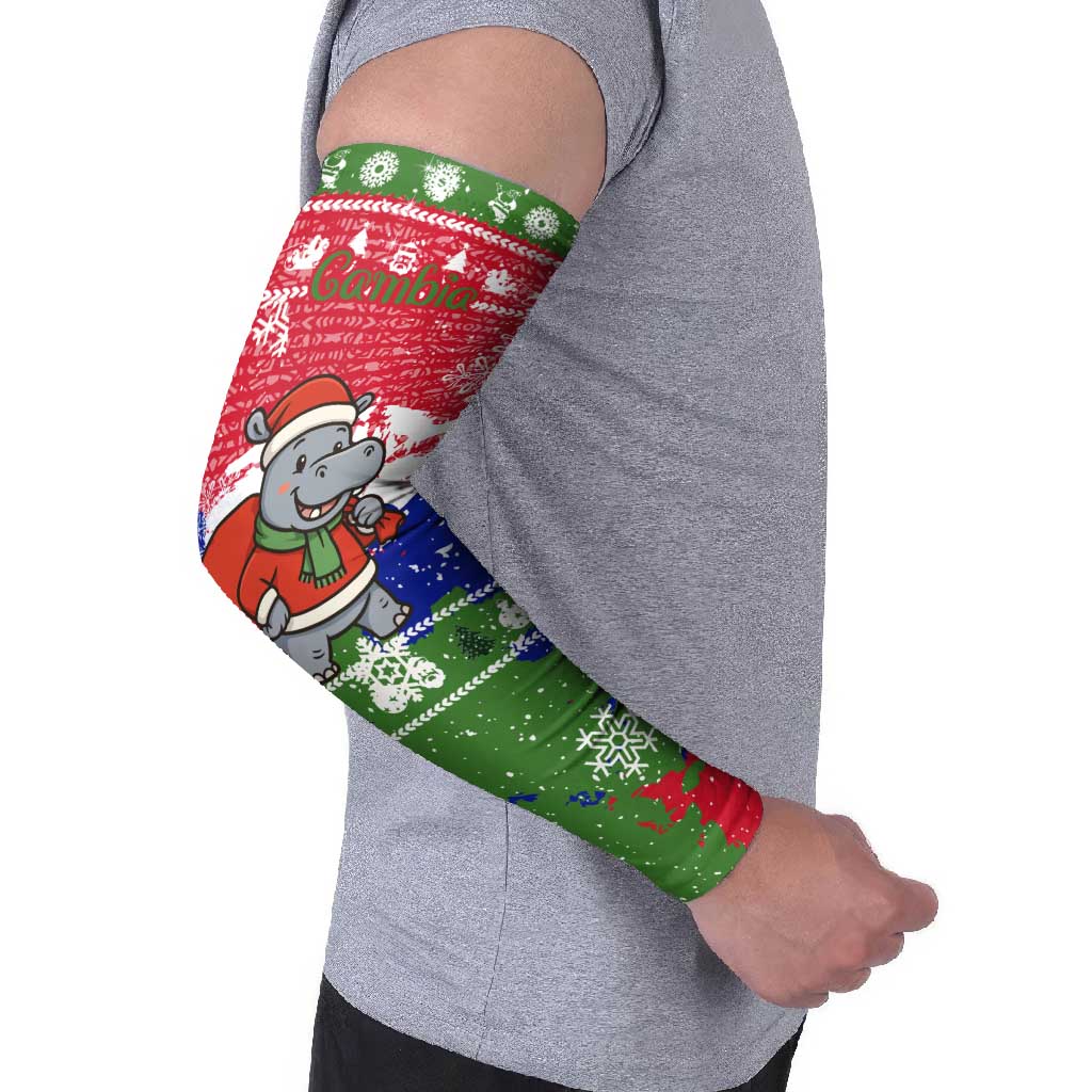 Gambia Christmas Arm Sleeves with Santa Hippo National Coat of Arms Snowflakes and Festive Holiday - Wonder Print Shop