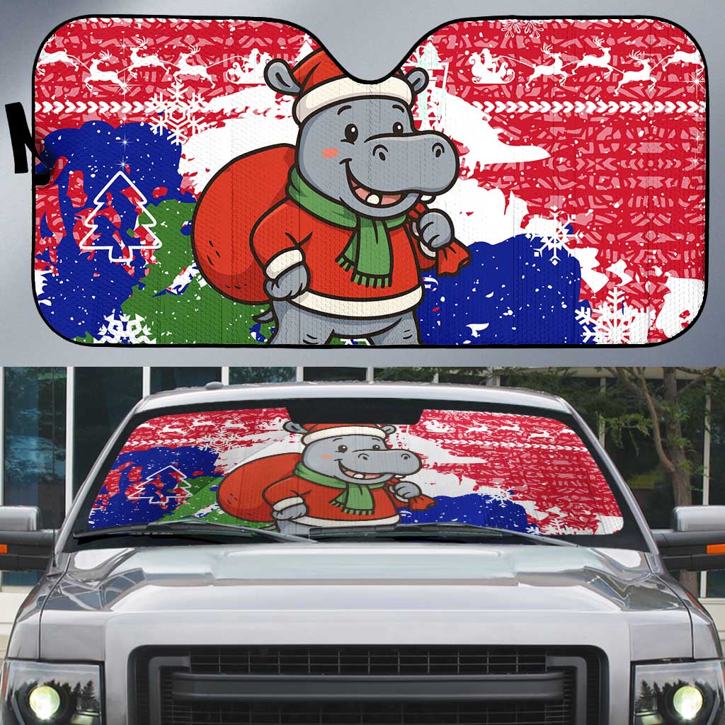 Gambia Christmas Auto Sun Shade with Santa Hippo National Coat of Arms Snowflakes and Festive Holiday - Wonder Print Shop