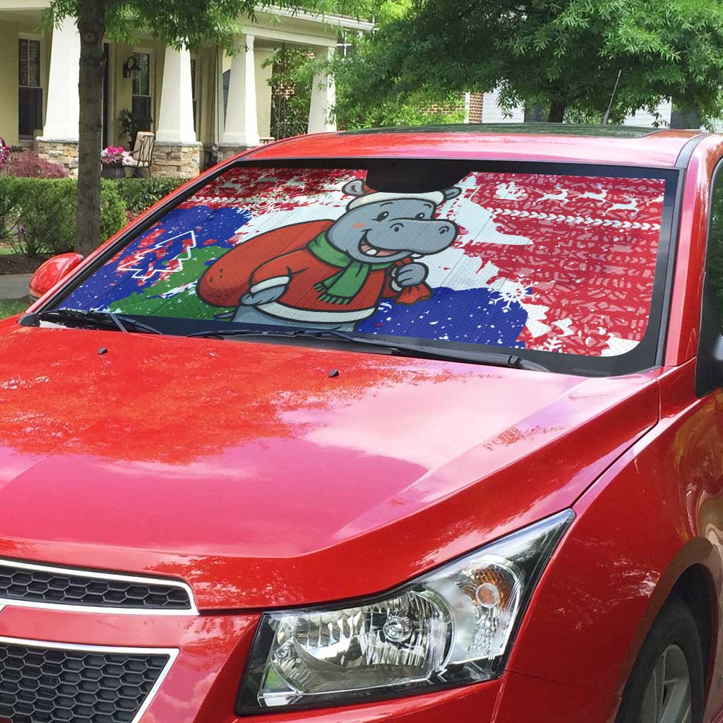 Gambia Christmas Auto Sun Shade with Santa Hippo National Coat of Arms Snowflakes and Festive Holiday - Wonder Print Shop