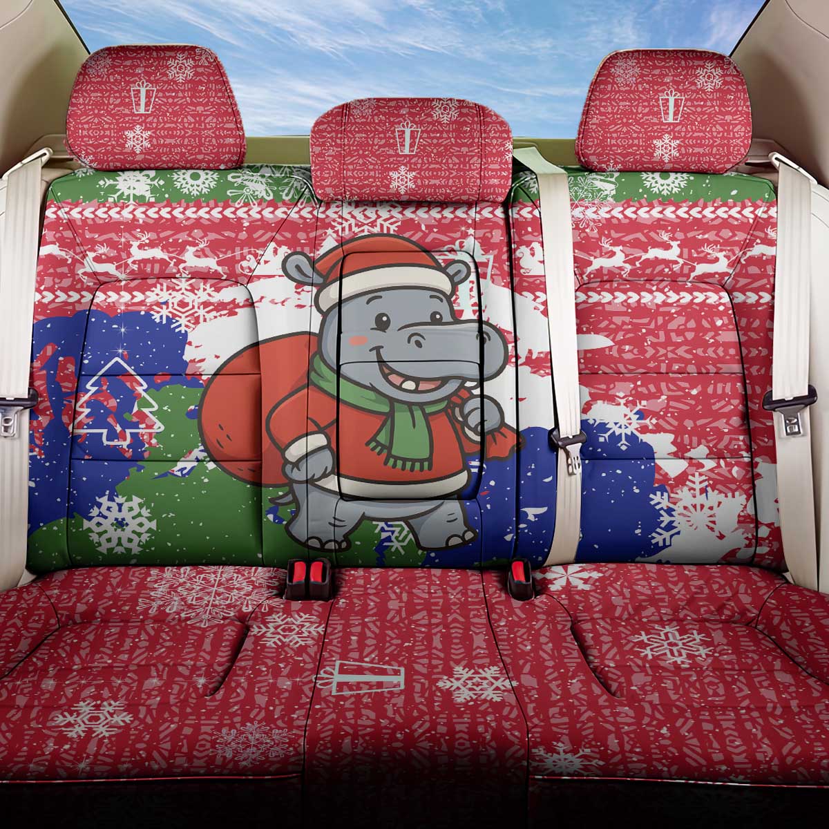 Gambia Christmas Back Car Seat Cover with Santa Hippo National Coat of Arms Snowflakes and Festive Holiday - Wonder Print Shop