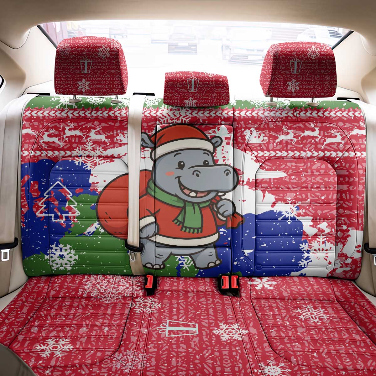 Gambia Christmas Back Car Seat Cover with Santa Hippo National Coat of Arms Snowflakes and Festive Holiday - Wonder Print Shop