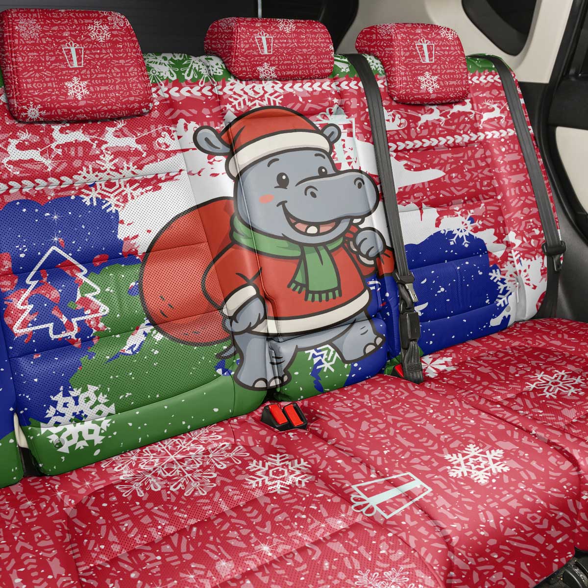Gambia Christmas Back Car Seat Cover with Santa Hippo National Coat of Arms Snowflakes and Festive Holiday - Wonder Print Shop