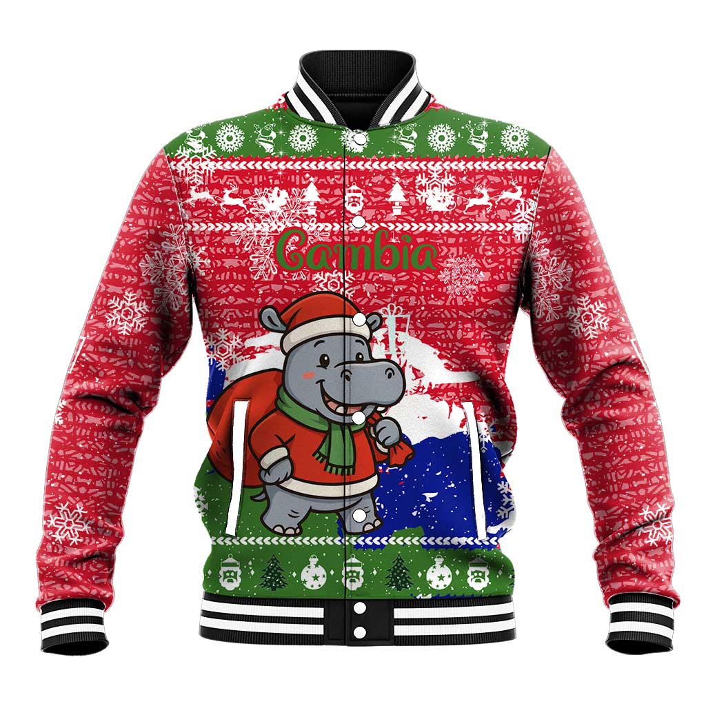 Gambia Christmas Baseball Jacket with Santa Hippo National Coat of Arms Snowflakes and Festive Holiday - Wonder Print Shop