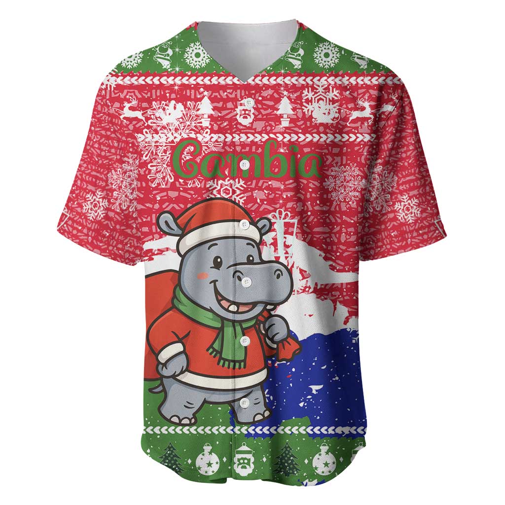 Gambia Christmas Baseball Jersey with Santa Hippo National Coat of Arms Snowflakes and Festive Holiday - Wonder Print Shop