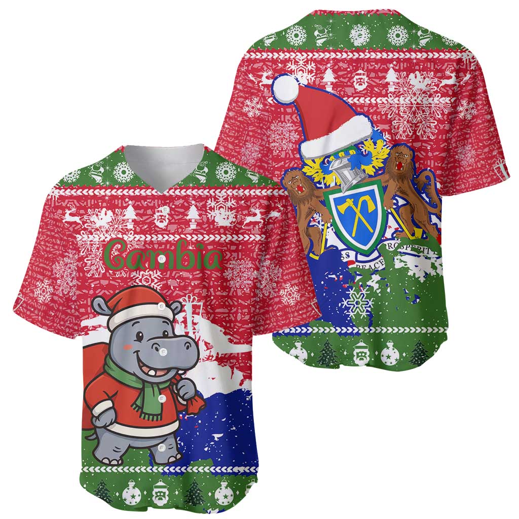 Gambia Christmas Baseball Jersey with Santa Hippo National Coat of Arms Snowflakes and Festive Holiday - Wonder Print Shop