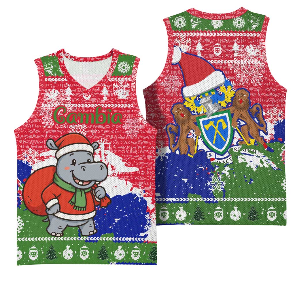 Gambia Christmas Basketball Jersey with Santa Hippo National Coat of Arms Snowflakes and Festive Holiday - Wonder Print Shop