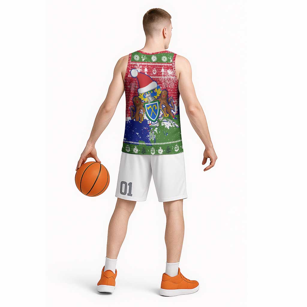 Gambia Christmas Basketball Jersey with Santa Hippo National Coat of Arms Snowflakes and Festive Holiday - Wonder Print Shop