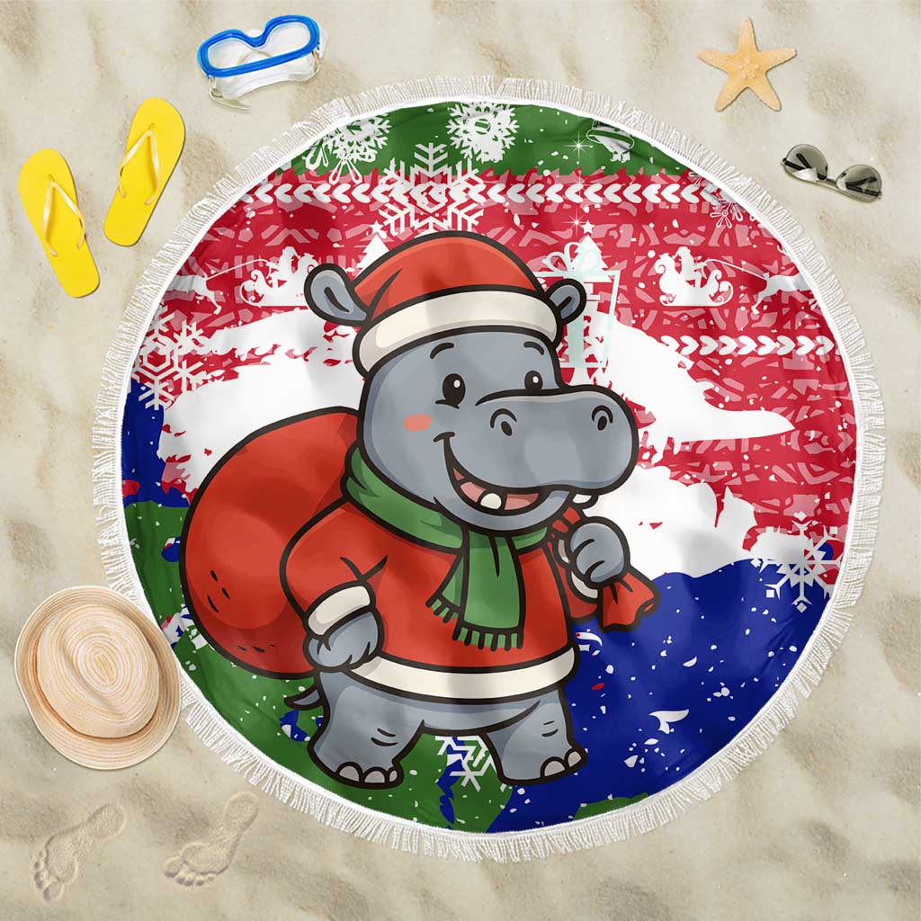 Gambia Christmas Beach Blanket with Santa Hippo National Coat of Arms Snowflakes and Festive Holiday - Wonder Print Shop