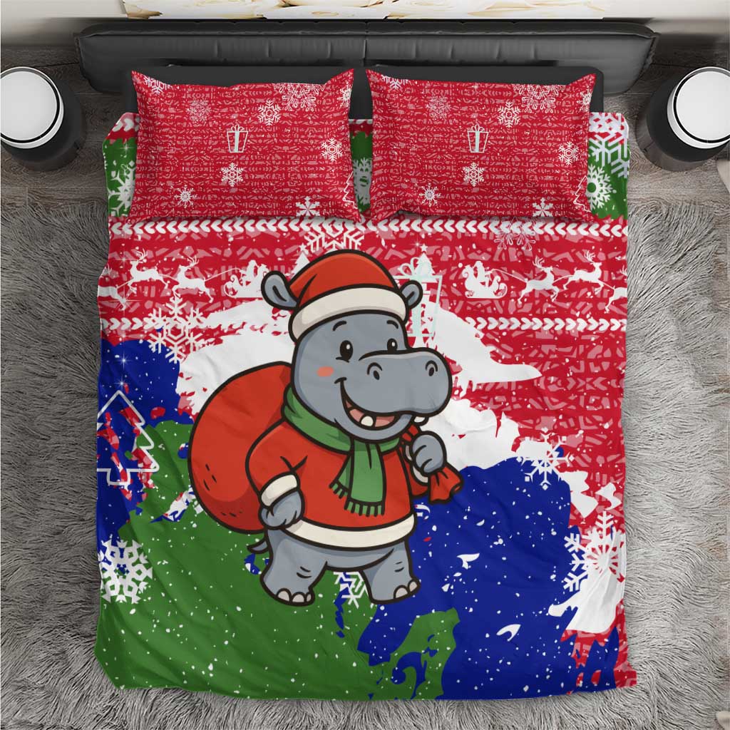 Gambia Christmas Bedding Set with Santa Hippo National Coat of Arms Snowflakes and Festive Holiday - Wonder Print Shop