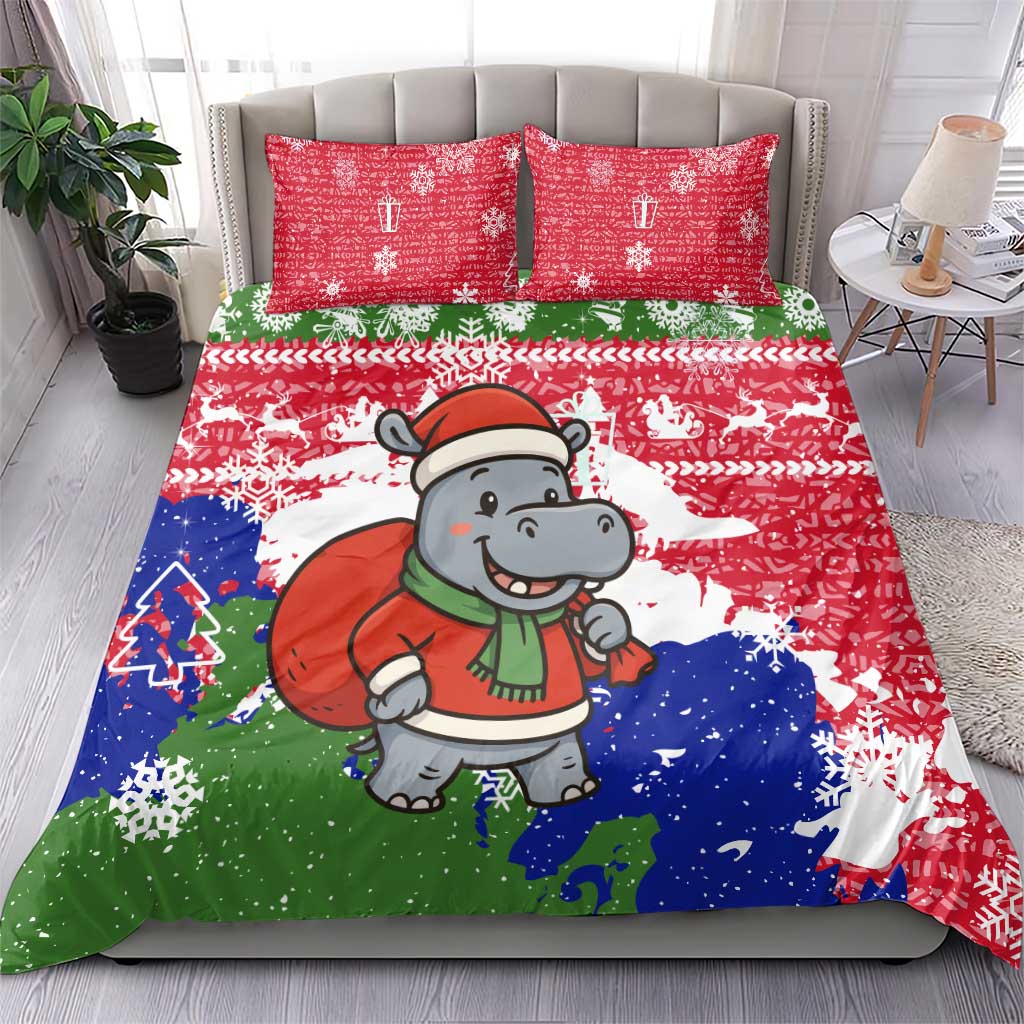 Gambia Christmas Bedding Set with Santa Hippo National Coat of Arms Snowflakes and Festive Holiday - Wonder Print Shop