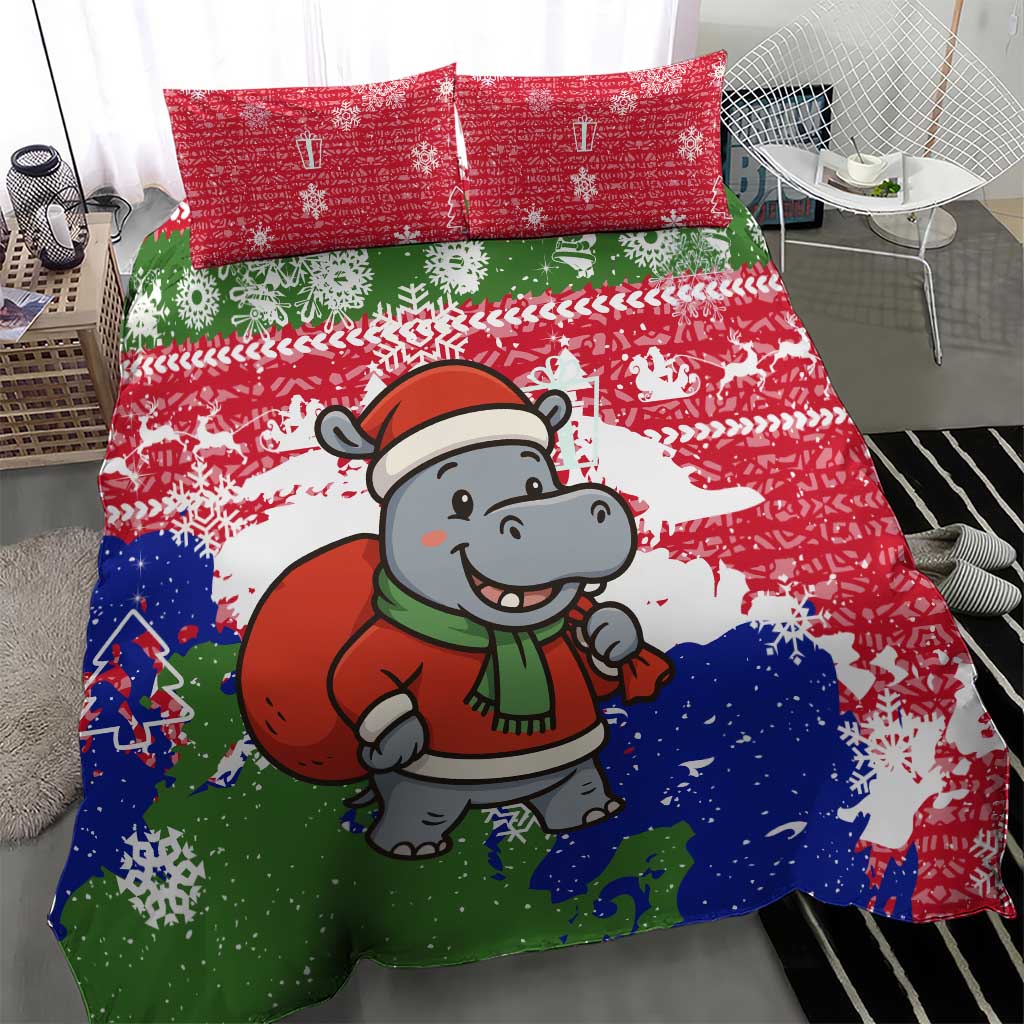 Gambia Christmas Bedding Set with Santa Hippo National Coat of Arms Snowflakes and Festive Holiday - Wonder Print Shop