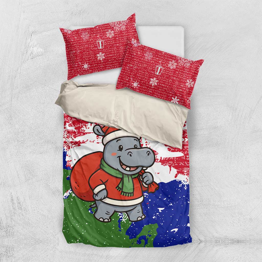 Gambia Christmas Bedding Set with Santa Hippo National Coat of Arms Snowflakes and Festive Holiday - Wonder Print Shop