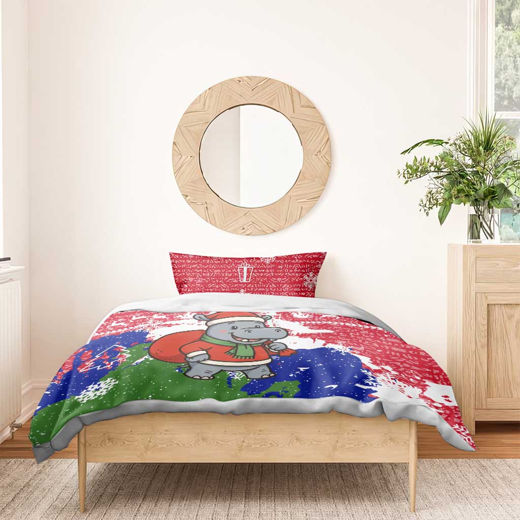 Gambia Christmas Bedding Set with Santa Hippo National Coat of Arms Snowflakes and Festive Holiday - Wonder Print Shop